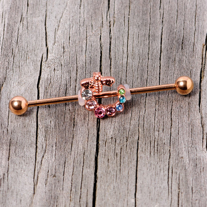 14G Multicolor Gem Rose Gold Tone Bee Industrial Barbell 38mm