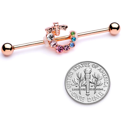 14G Multicolor Gem Rose Gold Tone Bee Industrial Barbell 38mm