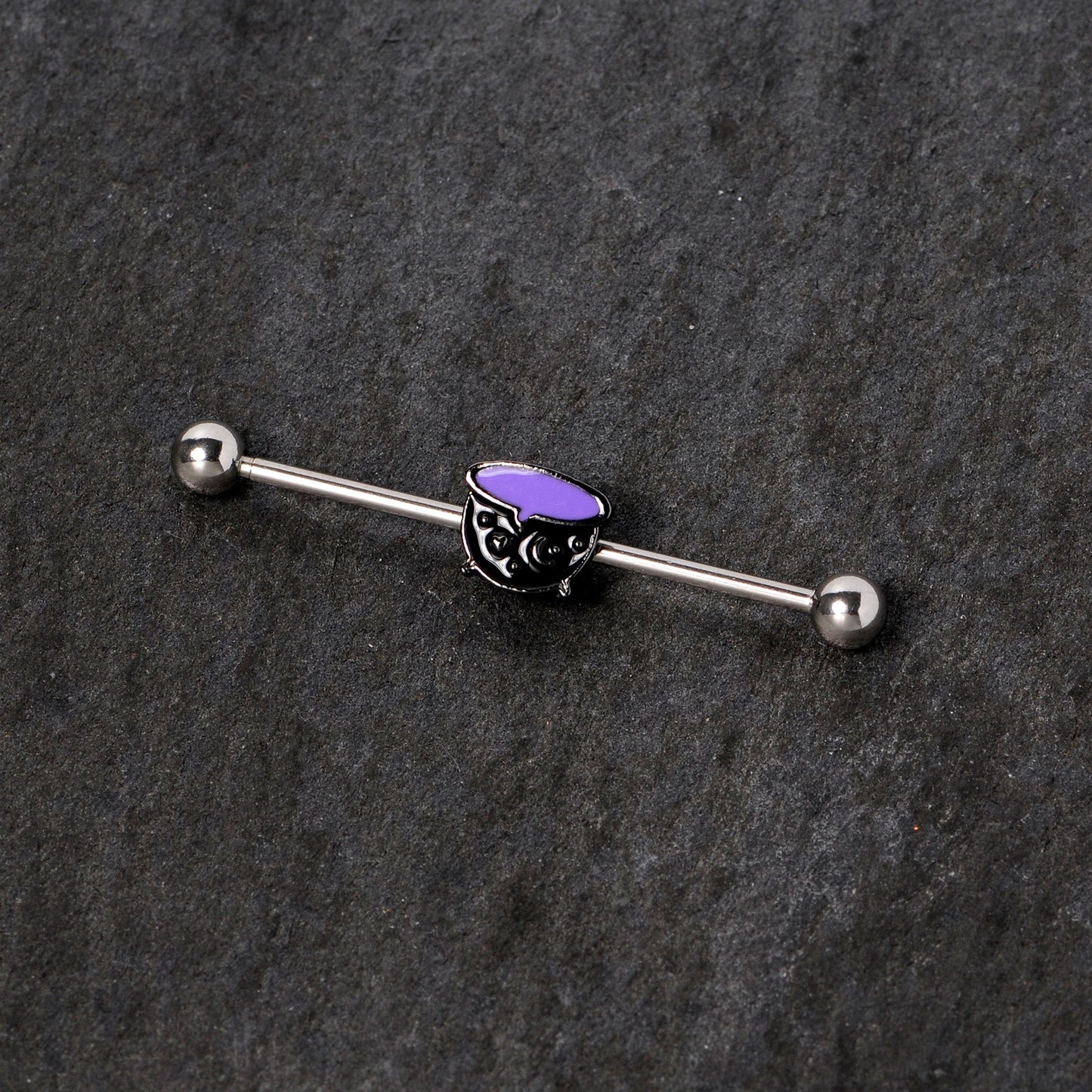 14G Black Purple Witch Cauldron Halloween Industrial Barbell 38mm
