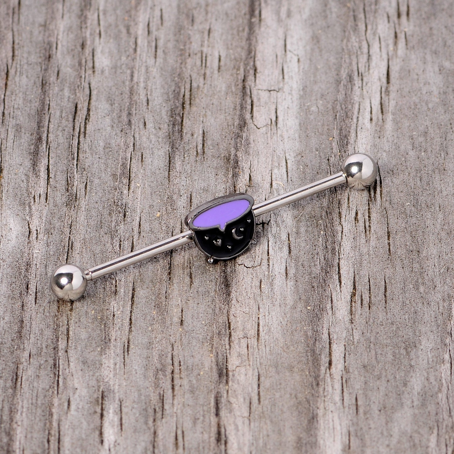 14G Black Purple Witch Cauldron Halloween Industrial Barbell 38mm