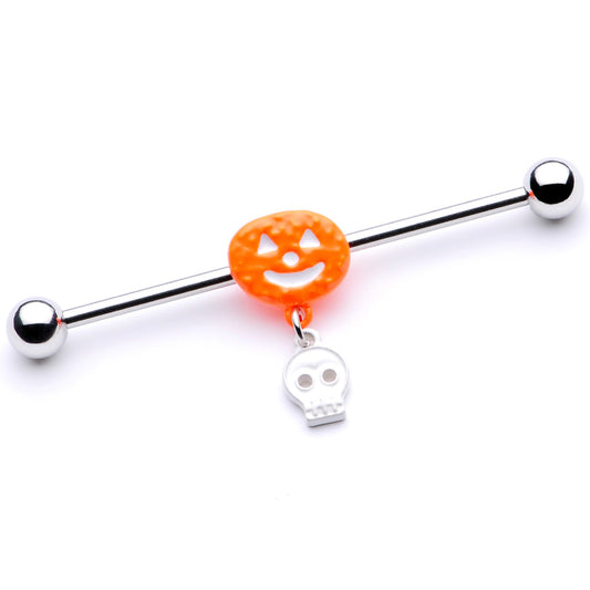 14G Pumpkin Skull Halloween Dangle Industrial Barbell 38mm