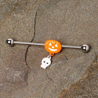 14G Pumpkin Skull Halloween Dangle Industrial Barbell 38mm