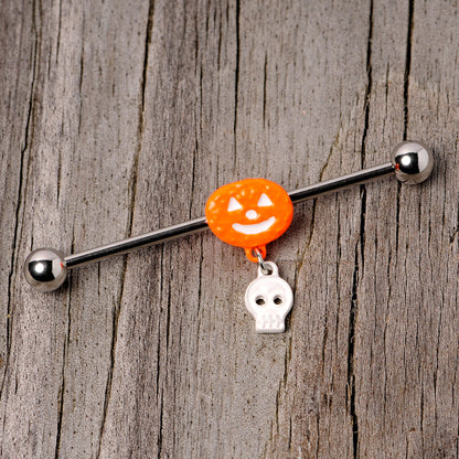 14G Pumpkin Skull Halloween Dangle Industrial Barbell 38mm