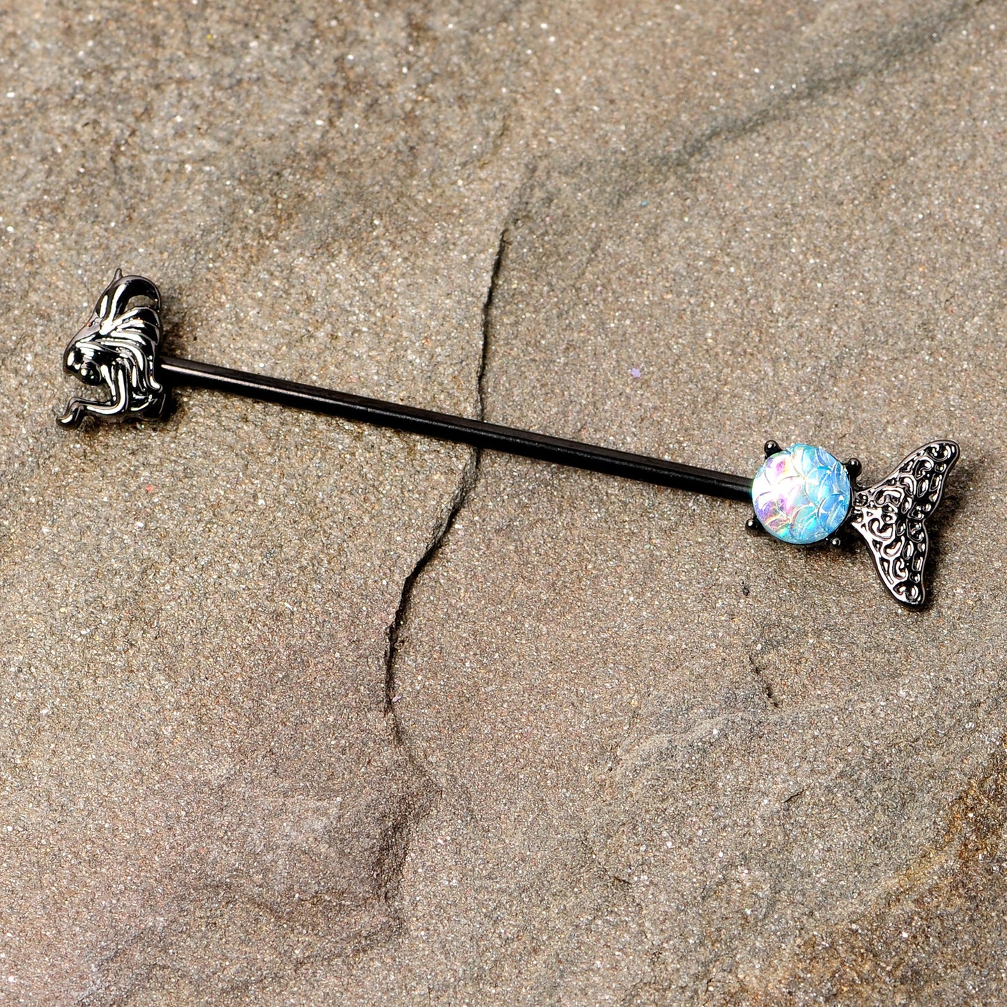 14G Black Blue Mermaid Scale Tail Industrial Barbell 38mm
