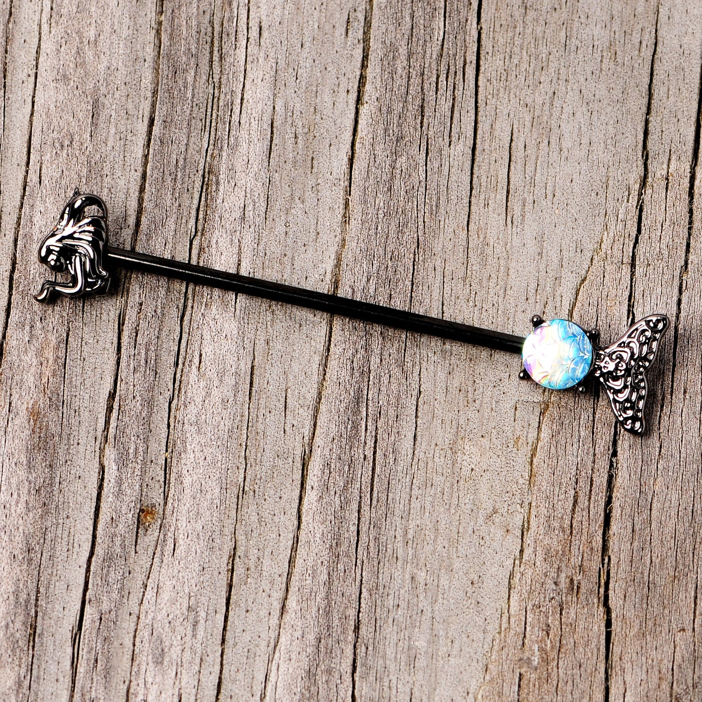 14G Black Blue Mermaid Scale Tail Industrial Barbell 38mm