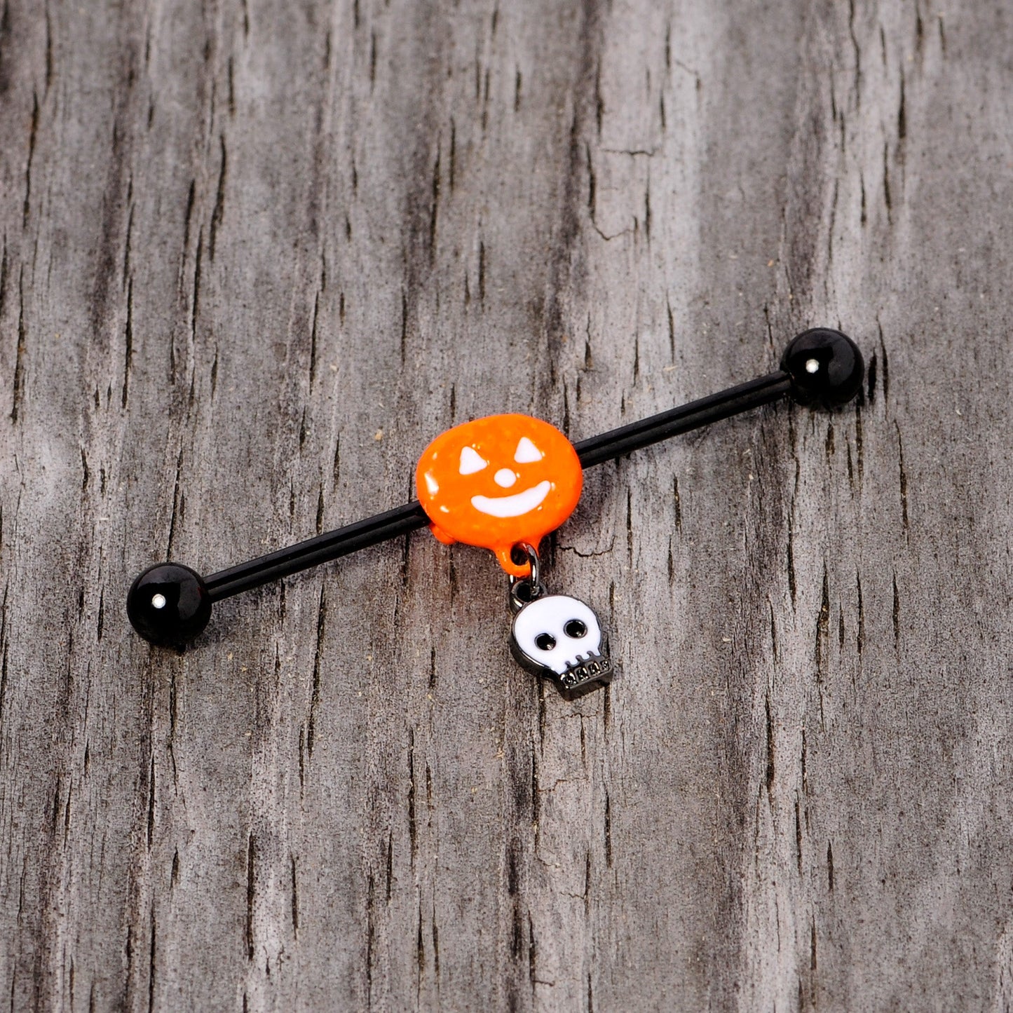 14G Orange Pumpkin Skull Halloween Dangle Industrial Barbell 38mm