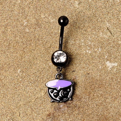 Clear Gem Black Purple Witch Cauldron Halloween Dangle Belly Ring