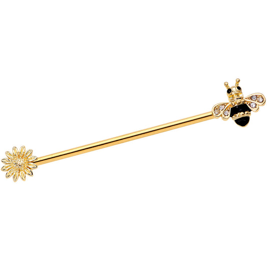 14G Clear Black Gem Gold Tone Bee Sunflower Industrial Barbell 38mm