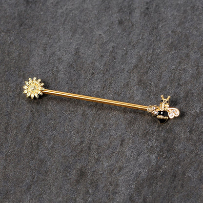14G Clear Black Gem Gold Tone Bee Sunflower Industrial Barbell 38mm
