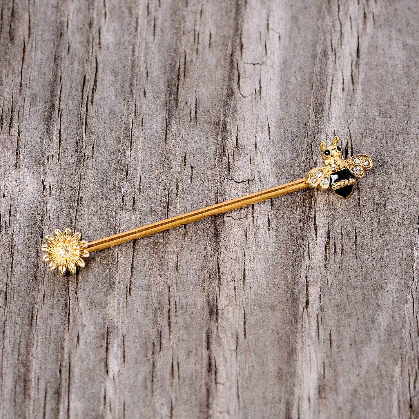 14G Clear Black Gem Gold Tone Bee Sunflower Industrial Barbell 38mm
