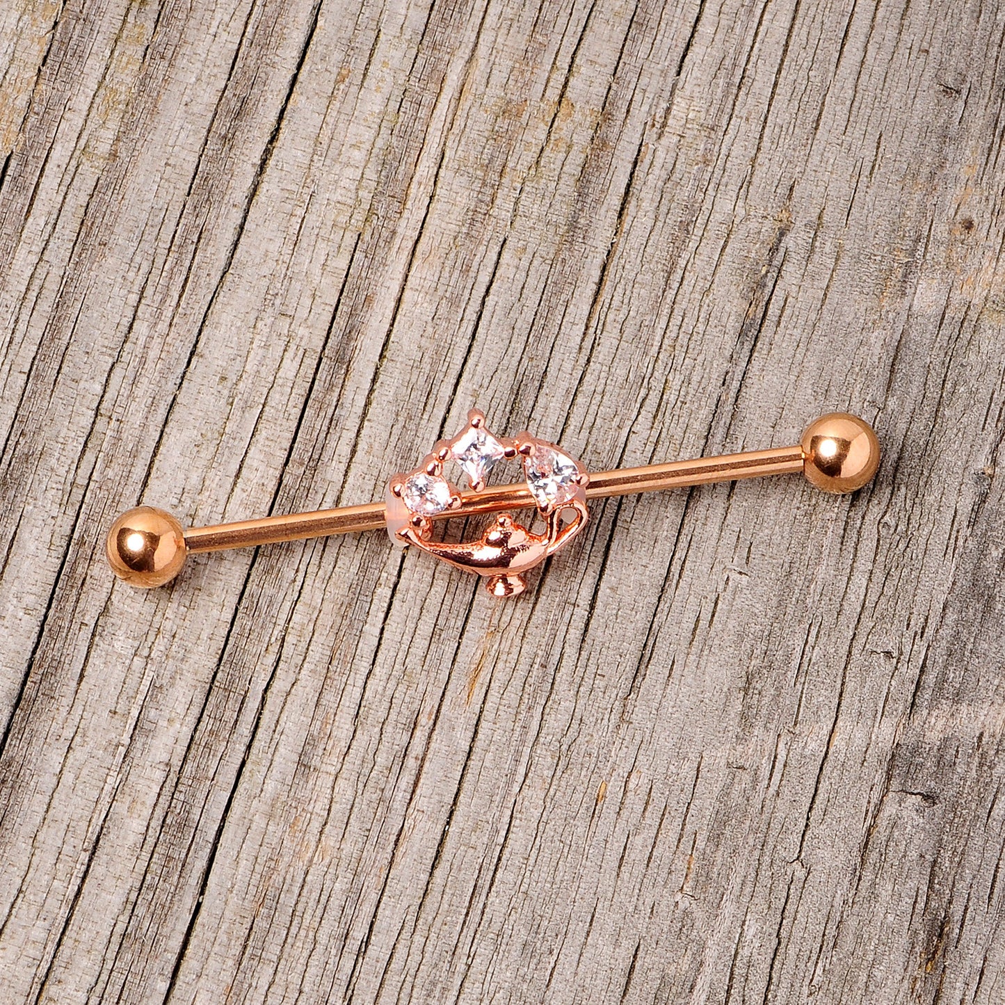 14G Clear CZ Gem Rose Gold Hue Genie Lamp Industrial Barbell 38mm