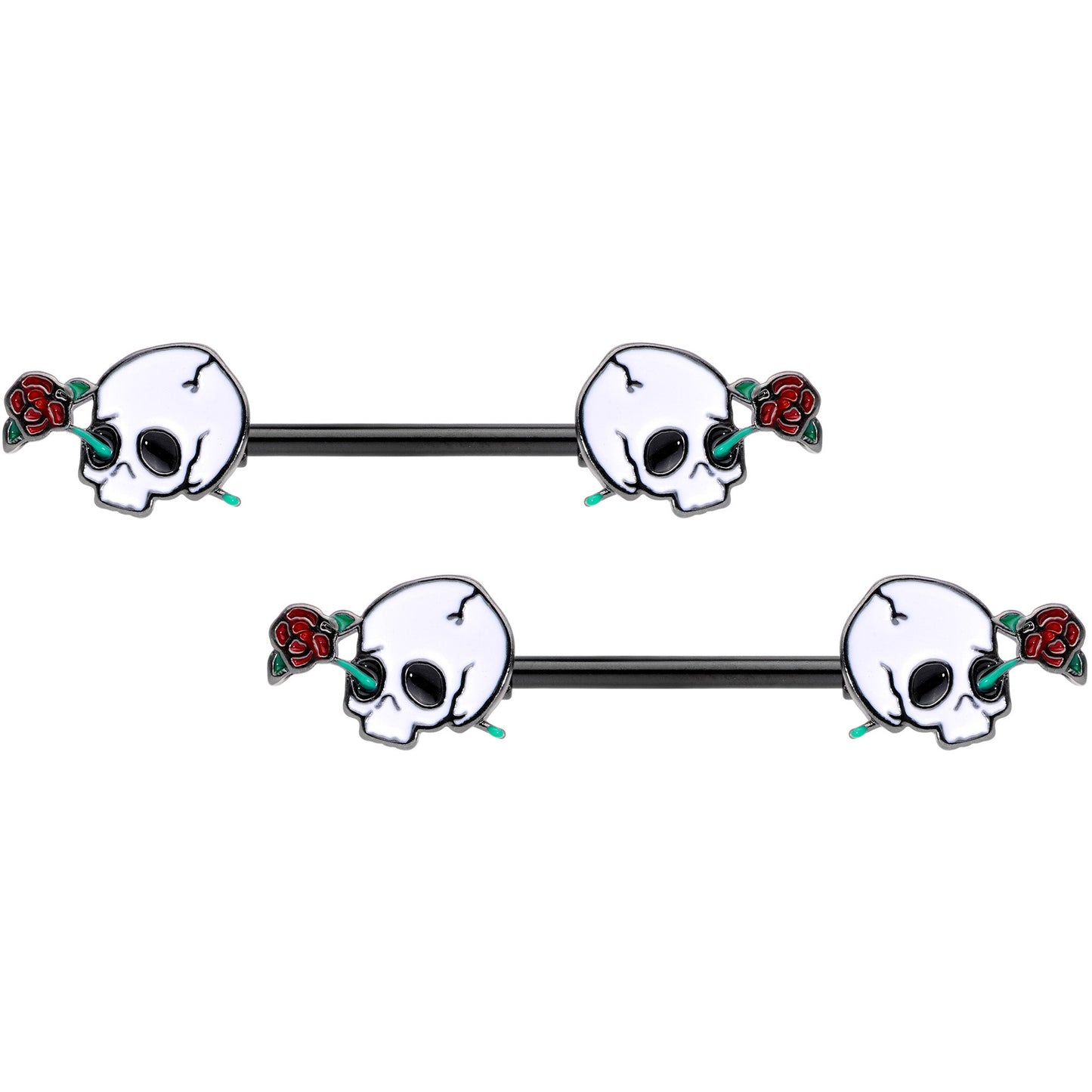 14G 9/16 Black PVD Rose Scary Skull Halloween Nipple Ring Set
