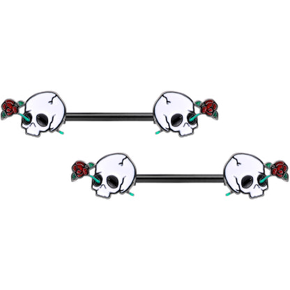 14G 9/16 Black PVD Rose Scary Skull Halloween Nipple Ring Set