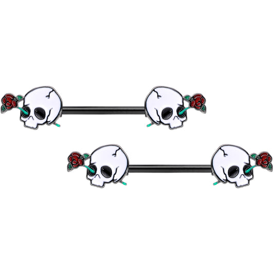 14G 9/16 Black PVD Rose Scary Skull Halloween Nipple Ring Set