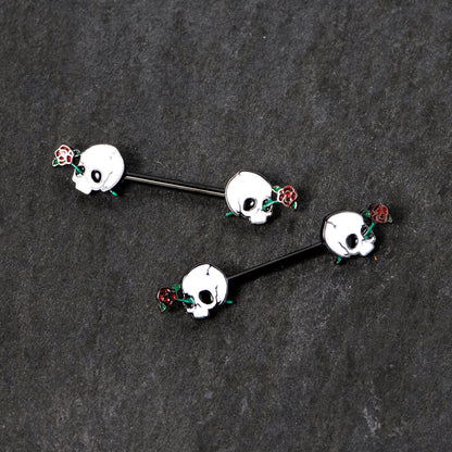 14G 9/16 Black PVD Rose Scary Skull Halloween Nipple Ring Set