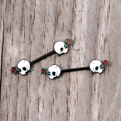 14G 9/16 Black PVD Rose Scary Skull Halloween Nipple Ring Set