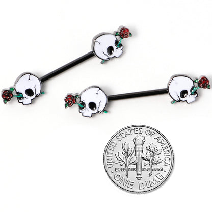 14G 9/16 Black PVD Rose Scary Skull Halloween Nipple Ring Set