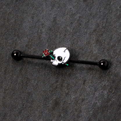 14G Black PVD Rose Skull Halloween Industrial Barbell 38mm