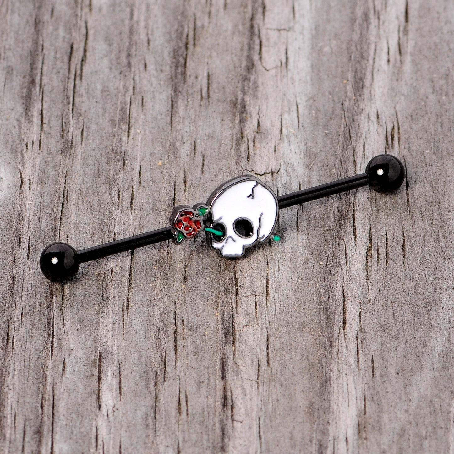 14G Black PVD Rose Skull Halloween Industrial Barbell 38mm
