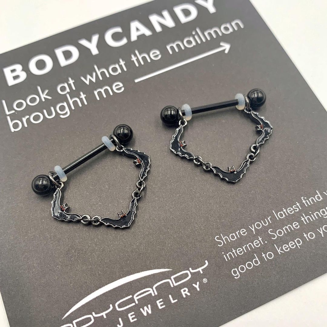 14G 9/16 Black Vampire Bat Halloween Dangle Nipple Ring Set