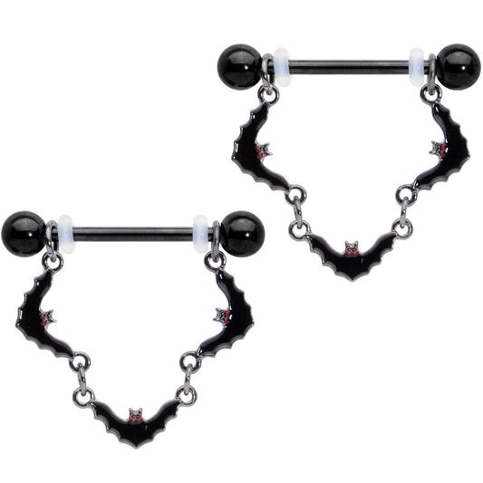 14G 9/16 Black Vampire Bat Halloween Dangle Nipple Ring Set