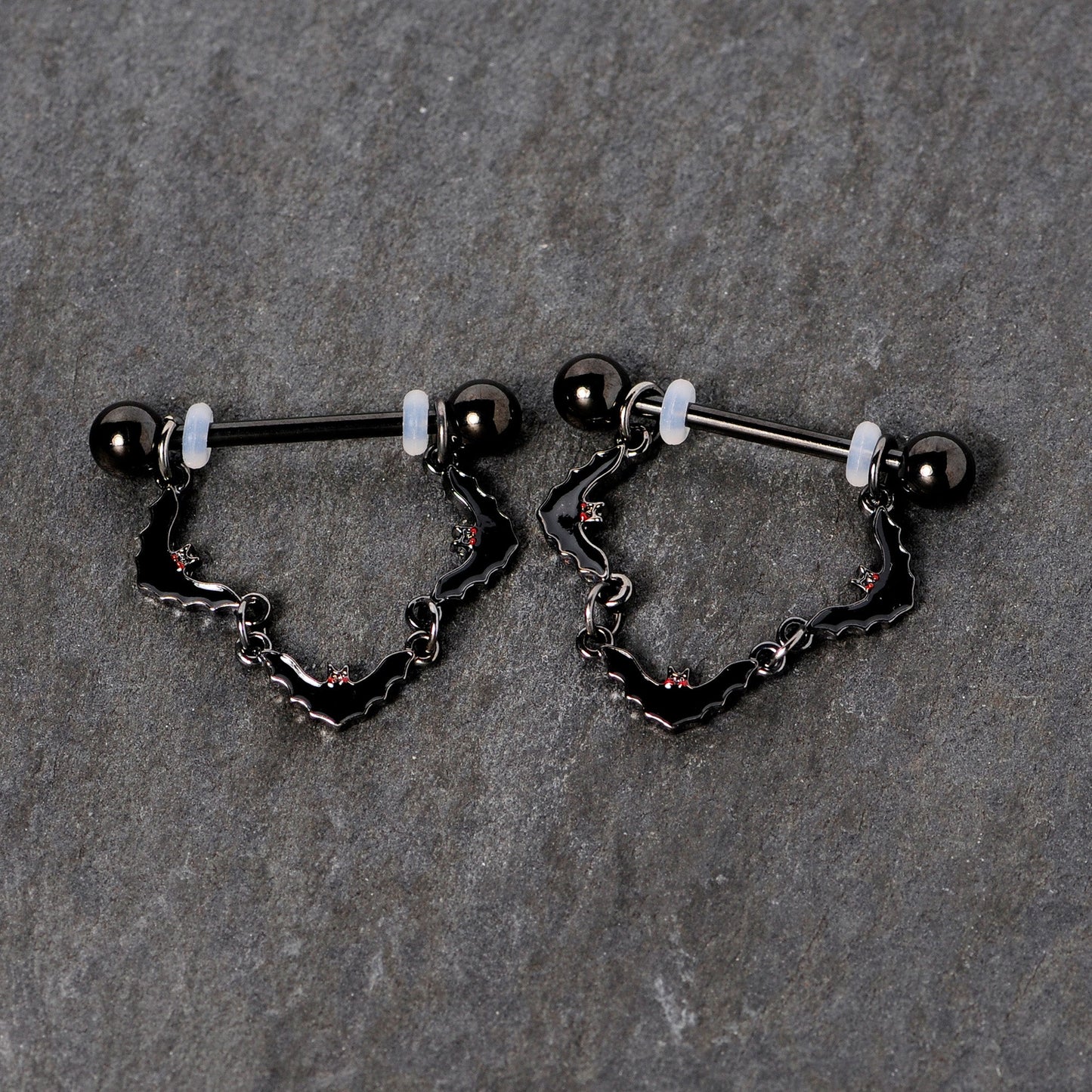 14G 9/16 Black Vampire Bat Halloween Dangle Nipple Ring Set
