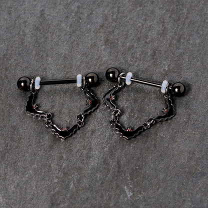 14G 9/16 Black Vampire Bat Halloween Dangle Nipple Ring Set