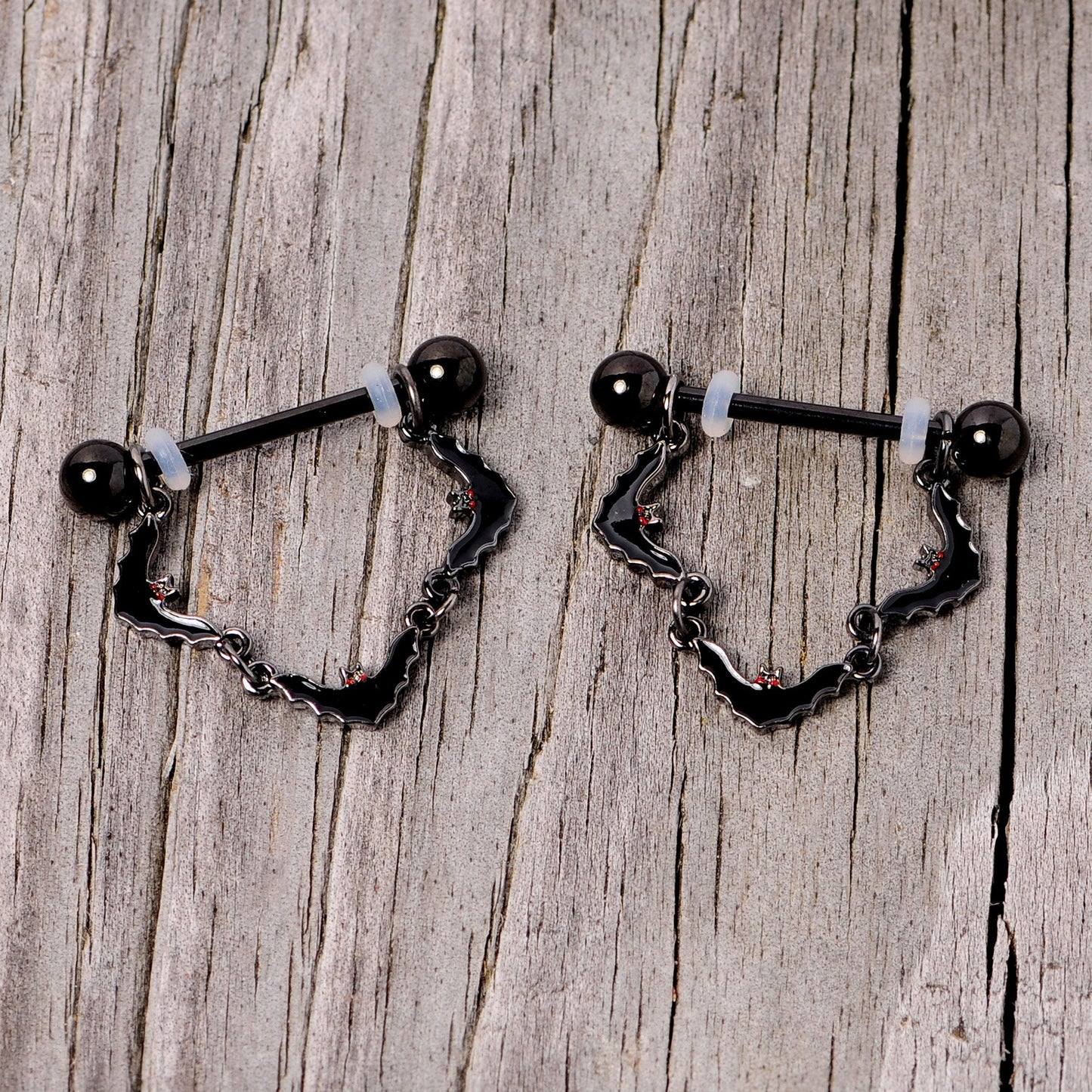 14G 9/16 Black Vampire Bat Halloween Dangle Nipple Ring Set