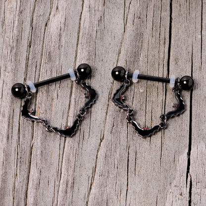 14G 9/16 Black Vampire Bat Halloween Dangle Nipple Ring Set