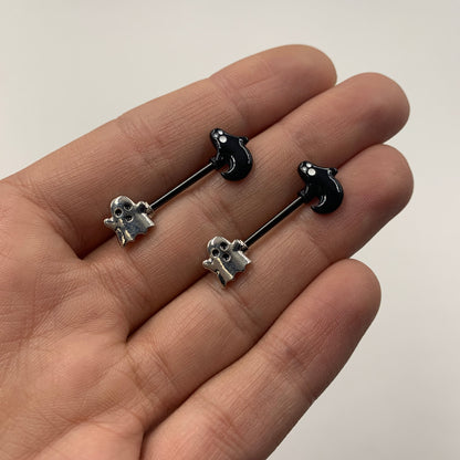 14G 9/16 Black PVD Black Ghost Halloween Nipple Ring Set