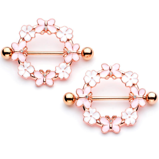 14G 9/16 Clear Gem Gold Tone Pink Butterfly Nipple Shield Set