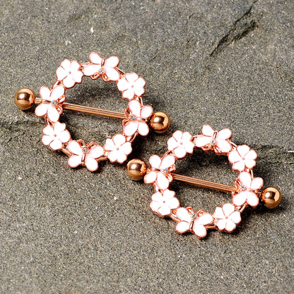 14G 9/16 Clear Gem Gold Tone Pink Butterfly Nipple Shield Set