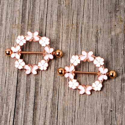 14G 9/16 Clear Gem Gold Tone Pink Butterfly Nipple Shield Set