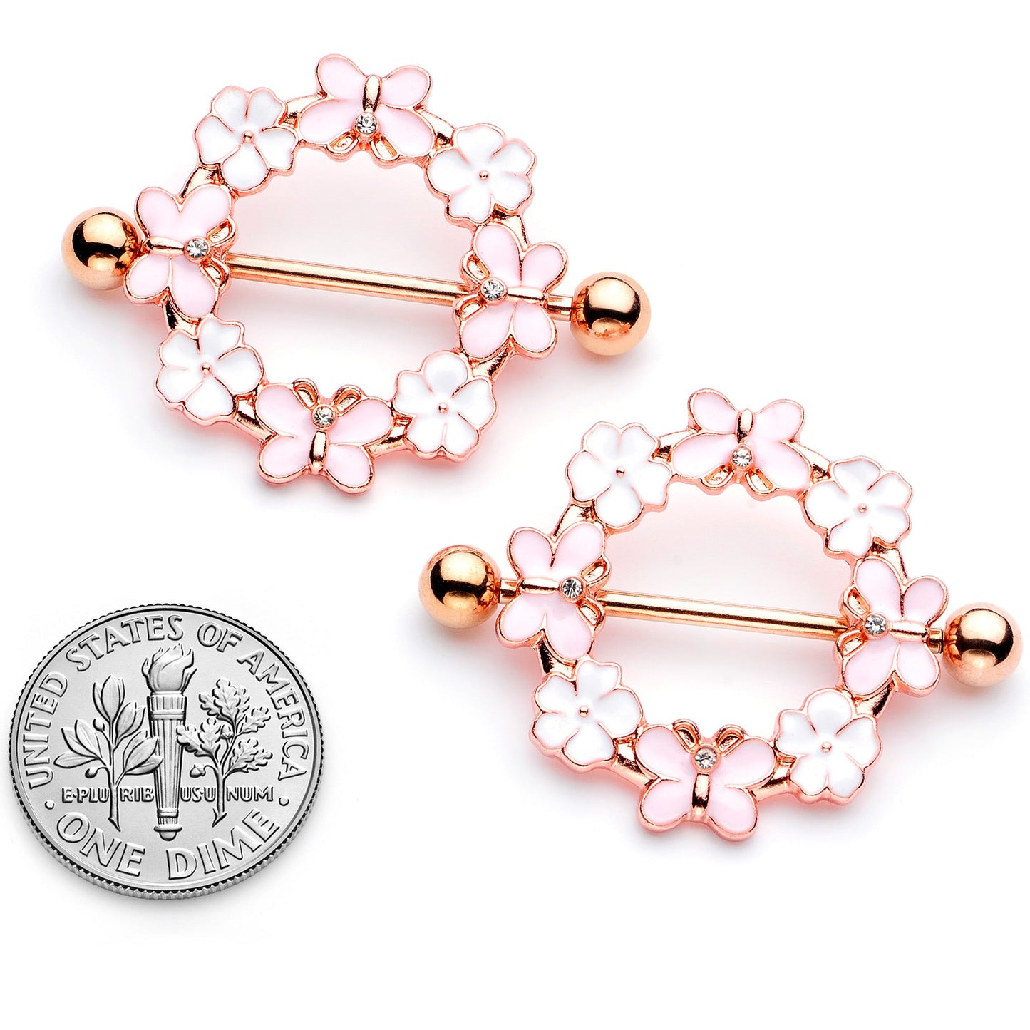 14G 9/16 Clear Gem Gold Tone Pink Butterfly Nipple Shield Set