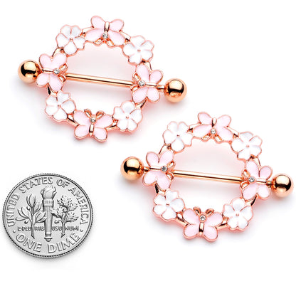 14G 9/16 Clear Gem Gold Tone Pink Butterfly Nipple Shield Set