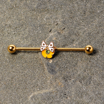 14G Green Gem Gold Tone Butterfly Flower Industrial Barbell 38mm