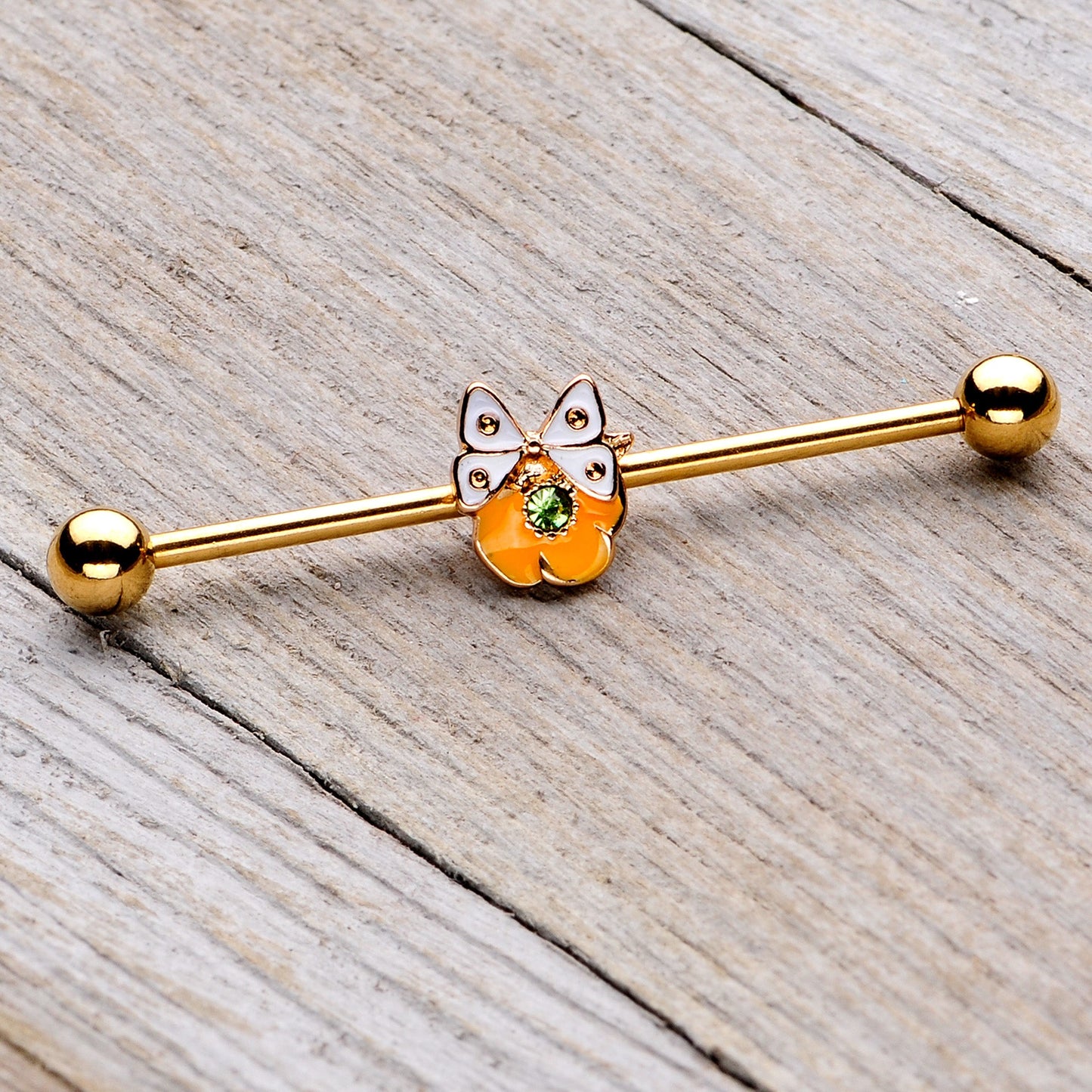 14G Green Gem Gold Tone Butterfly Flower Industrial Barbell 38mm