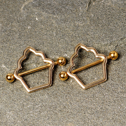 14G 9/16 Gold Tone Hollow Cupcake Nipple Shield Set