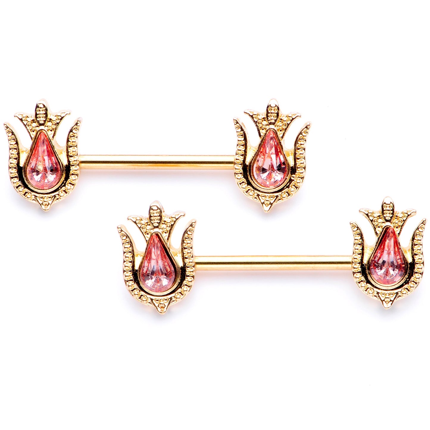 14G 9/16 Pink Gem Gold Tone Flower Barbell Nipple Ring Set