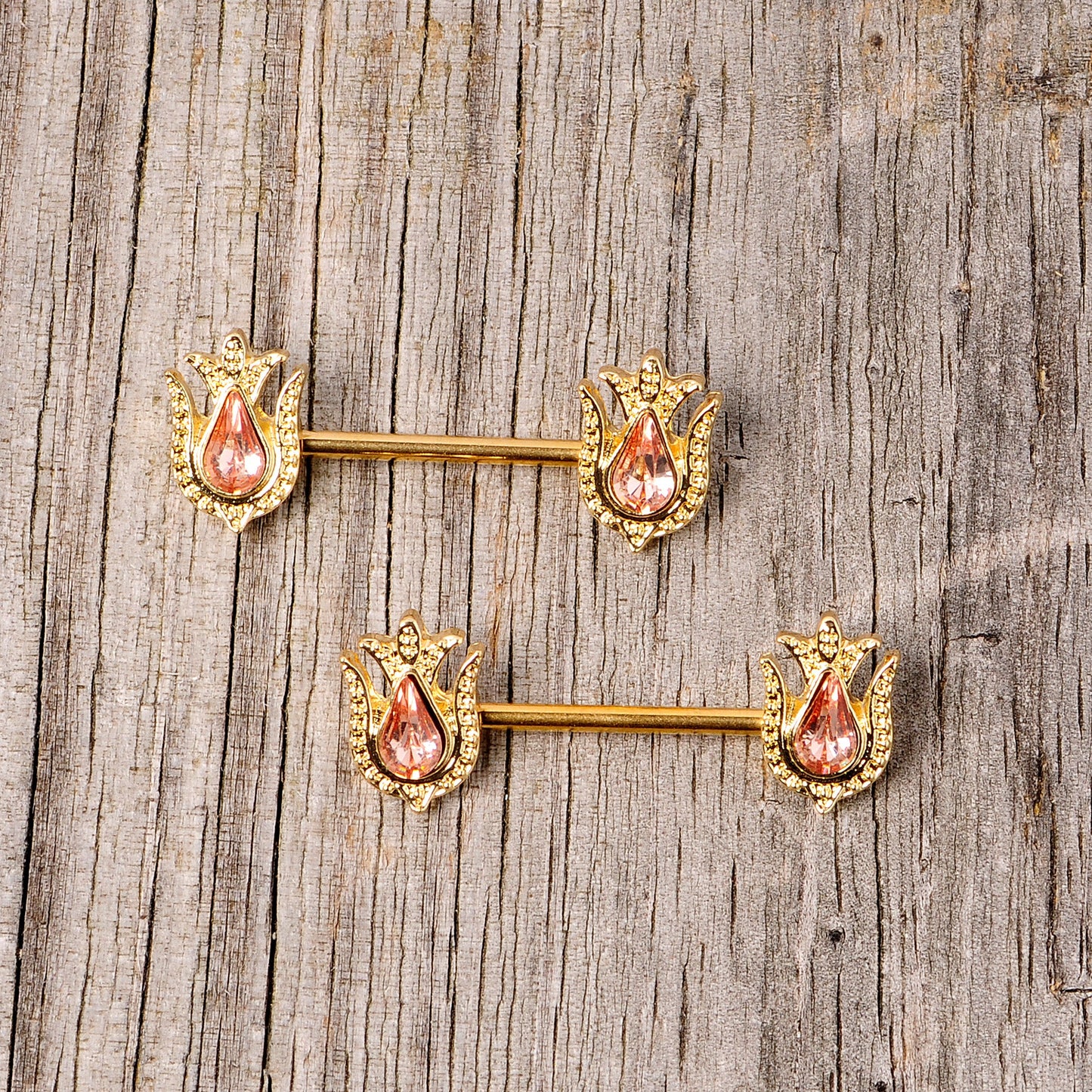 14G 9/16 Pink Gem Gold Tone Flower Barbell Nipple Ring Set