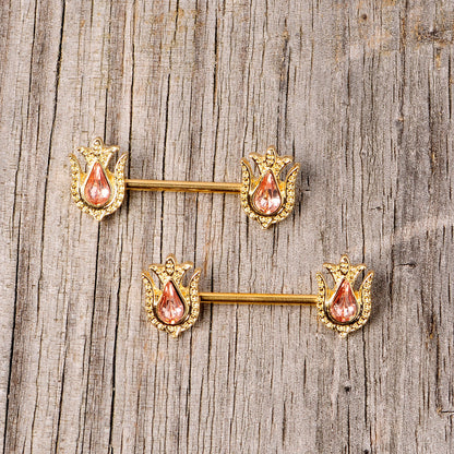 14G 9/16 Pink Gem Gold Tone Flower Barbell Nipple Ring Set