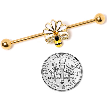 14G Gold Tone Flower Daisy Bee Industrial Barbell 38mm