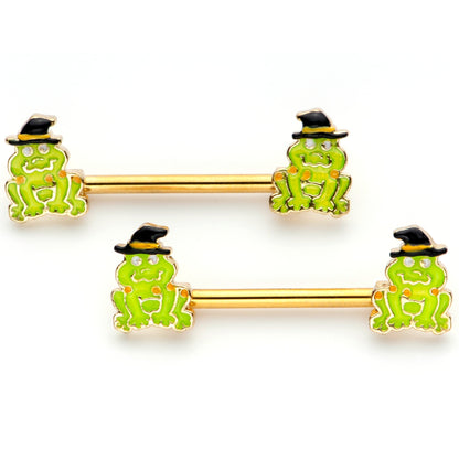 14G 9/16 Gold Tone Frog Witch Halloween Barbell Nipple Ring Set