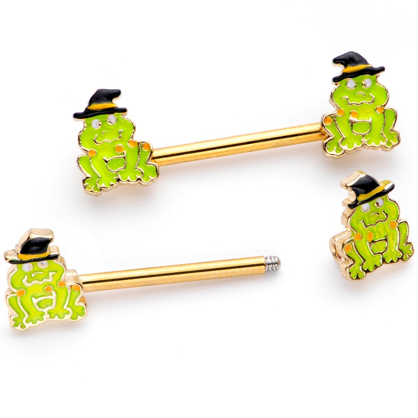 14G 9/16 Gold Tone Frog Witch Halloween Barbell Nipple Ring Set