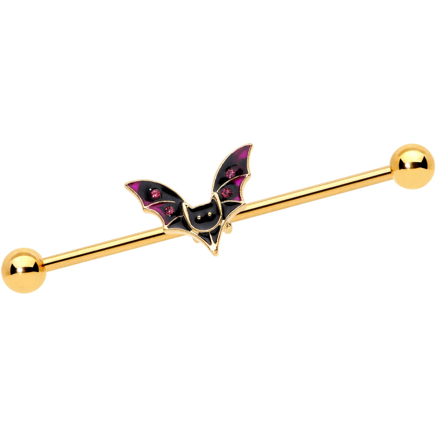 14G Pink Gem Gold Tone Vamp Bat Halloween Industrial Barbell 38mm