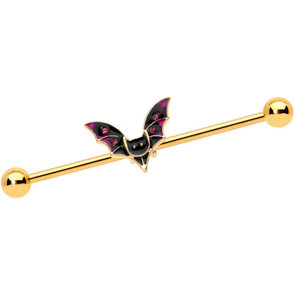 14G Pink Gem Gold Tone Vamp Bat Halloween Industrial Barbell 38mm
