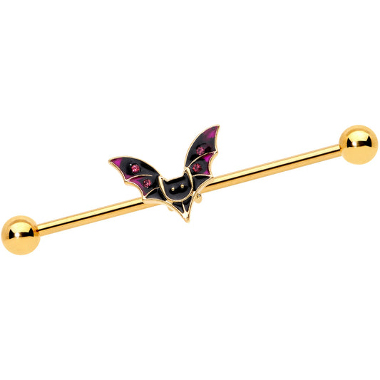 14G Pink Gem Gold Tone Vamp Bat Halloween Industrial Barbell 38mm