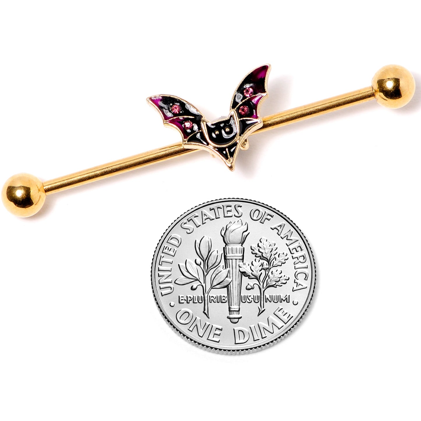 14G Pink Gem Gold Tone Vamp Bat Halloween Industrial Barbell 38mm