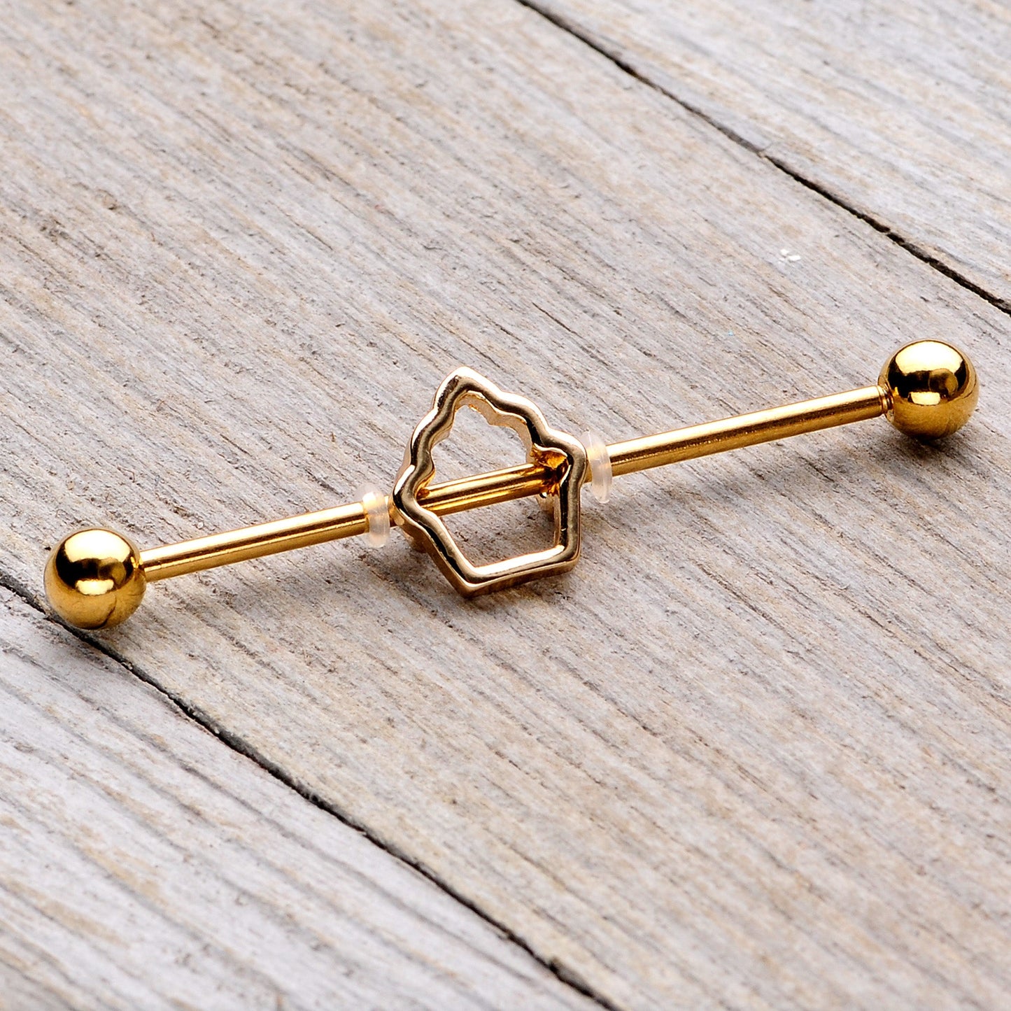 14G Gold Tone Hollow Cupcake Industrial Barbell 38mm