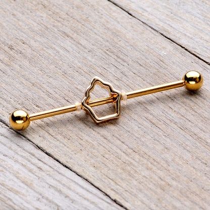 14G Gold Tone Hollow Cupcake Industrial Barbell 38mm